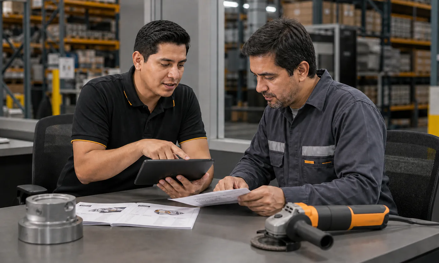 Asesor comercial revisando una cotización industrial con un cliente empresarial